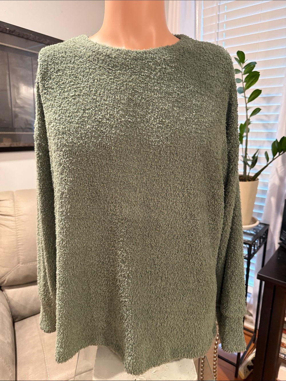 Chenault Olive Green Fuzzy Crewneck Sweater
